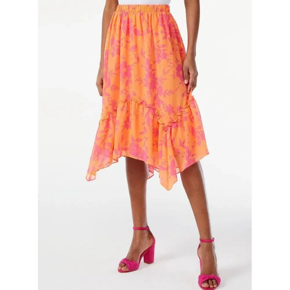 Women's Large 12-14 Orange Pink Chiffon Asymmetric Skirt‎ Y2K 90s Fairy Spring